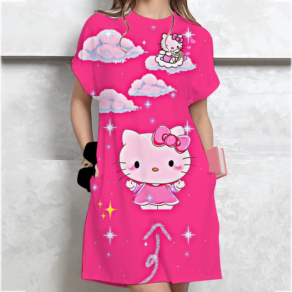 

Жіноча повсякденна міні-сукня з коротким рукавом, вінтажний принт Hello Kitty, вільна міні-сукня, елегантна проста міні-сукня, сукня-сарафан вуличного стилю XL