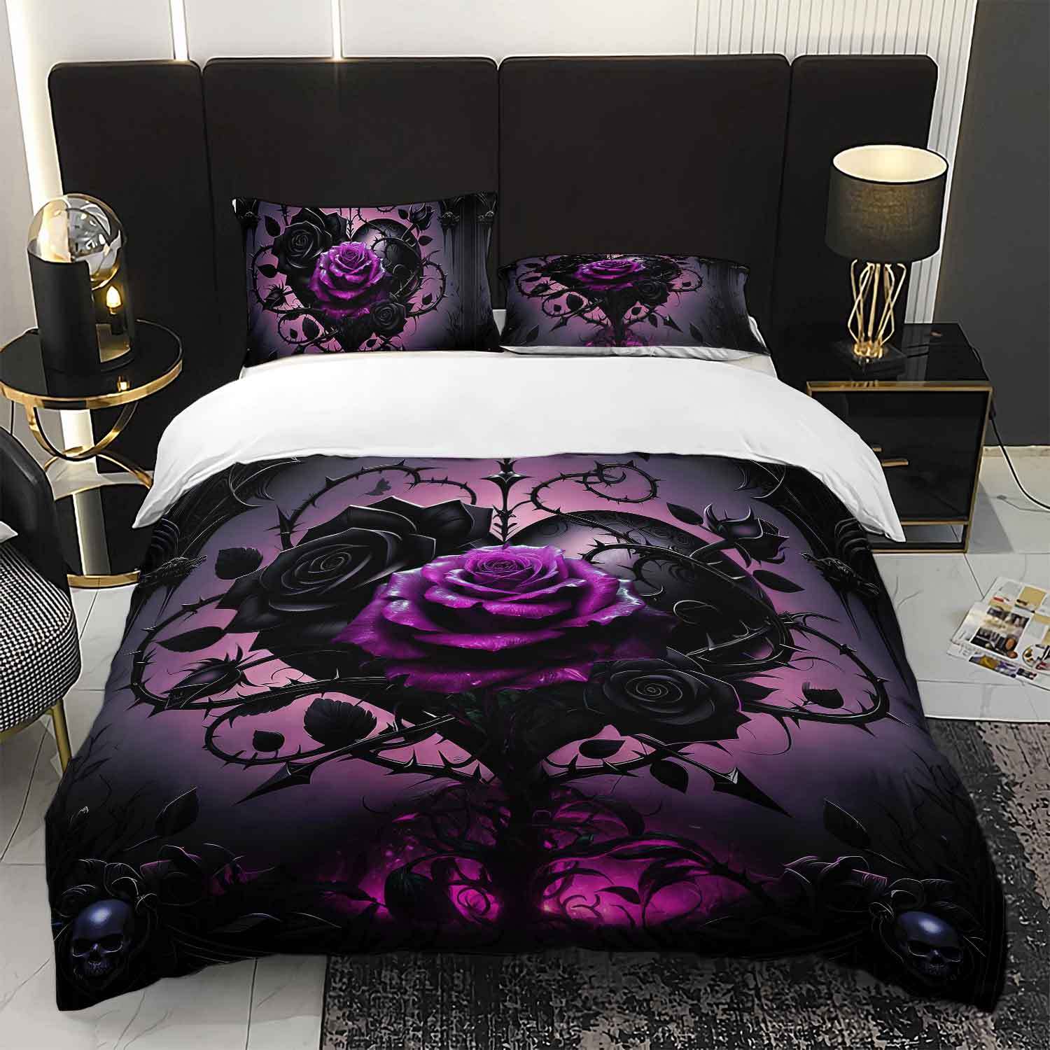 3 предмета Готический Фиолетовый Роза Череп Постельное белье Набор пододеяльника Темная Роза Постельное белье Набор одеяла Постельное белье в готическом стиле Темный Цветочный (135x200cm)