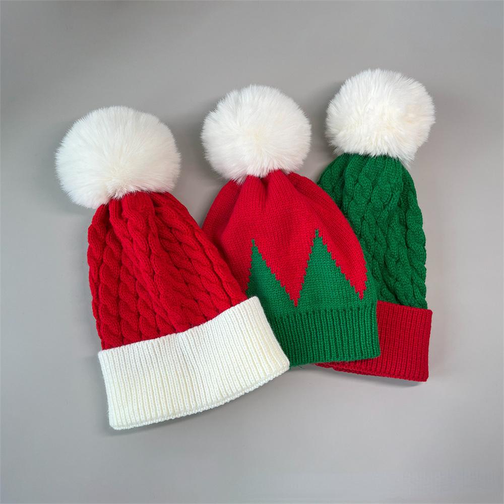 1PC/2PCS Fluffy Balls Christmas Knitted Hat Winter Beanie Santa Hat 2026 New Year Party Kids Gift Navidad Noel Xmas Decoration