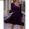 MODIQUE 2025 Spring New Women's Elegant Corduroy Solid Color Lantern Sleeves Elastic Waist Pleated Short Dress Ladies Casual A-Line V-Neck Dress