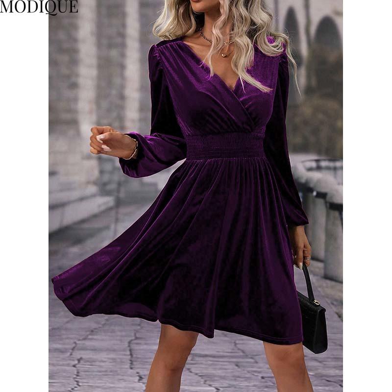 MODIQUE 2025 Spring New Women's Elegant Corduroy Solid Color Lantern Sleeves Elastic Waist Pleated Short Dress Ladies Casual A-Line V-Neck Dress