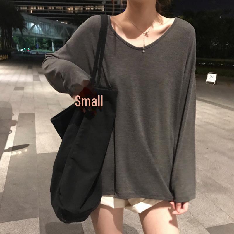 Autumn 2025 Women's Solid V-Neck Long-Sleeve Loose-Fit T-Shirt