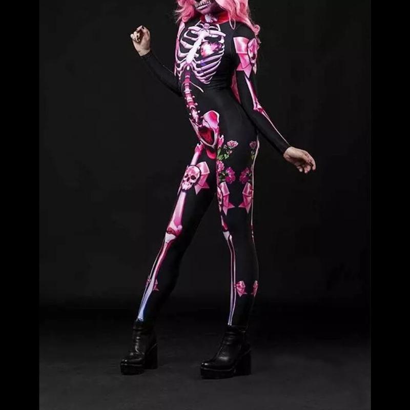 Women Halloween Party Costume Turtleneck Skull Print Long Sleeve Jumpsuit Outfit Scary Skeleton Bodysuit for Adults