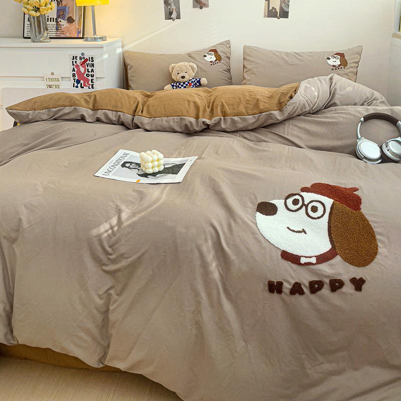 Ultra-soft Pure Cotton Four-piece Set Solid Color Soft and Comfortable Embroidered Four-piece Set Cartoon Skin-friendly Breathable Bedding