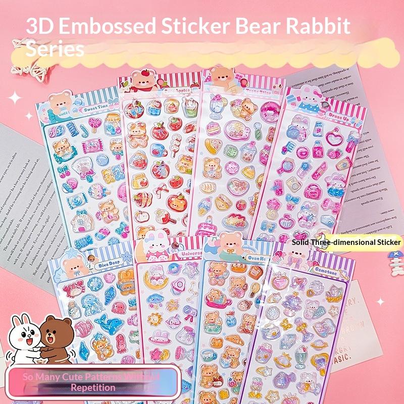 1/4Pcs Cute Bear Rabbit 3D Relief Stickers Cute Aesthetic Stickers Cartoon Creative Stickers Diy Decoration Stickers
