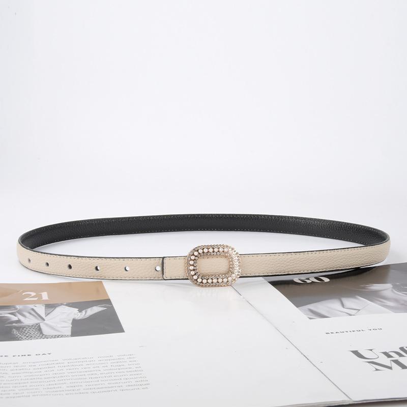 Lychee-patterned Top Layer Cowhide Women's Belt Inlaid with Pearl Rhinestones Women's Casual Jeans, Thin Style, Usable on Both Sides