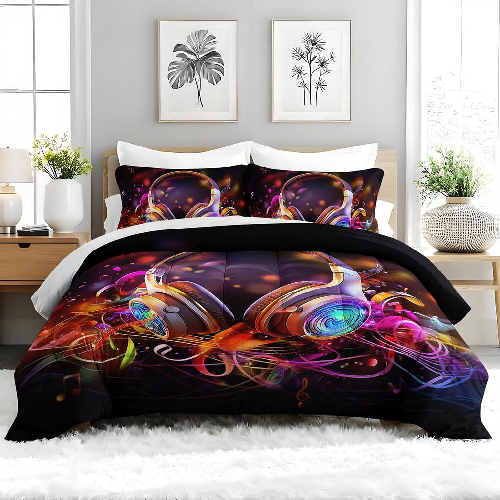 3PC Music Themed Comforter Set Glowing Headphones Duvet with 2 Pillowcases - Bedroom Or Guest Room Decorative Musical Bedding