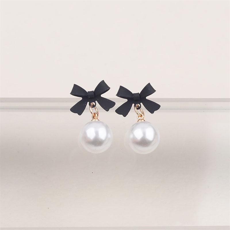 Black Red Bowknot Elegant Hanging Earrings Imitation Pearl Ball Pendants Korean Fashion Sweet Small Earrings Brincos 2025 New