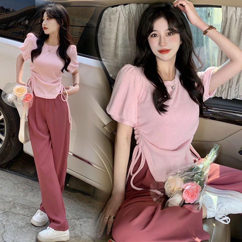 

Трендовый летний повседневный женский комплект топ с рукавами-пузырями на кулиске + брюки широкого кроя Extra Extra Large