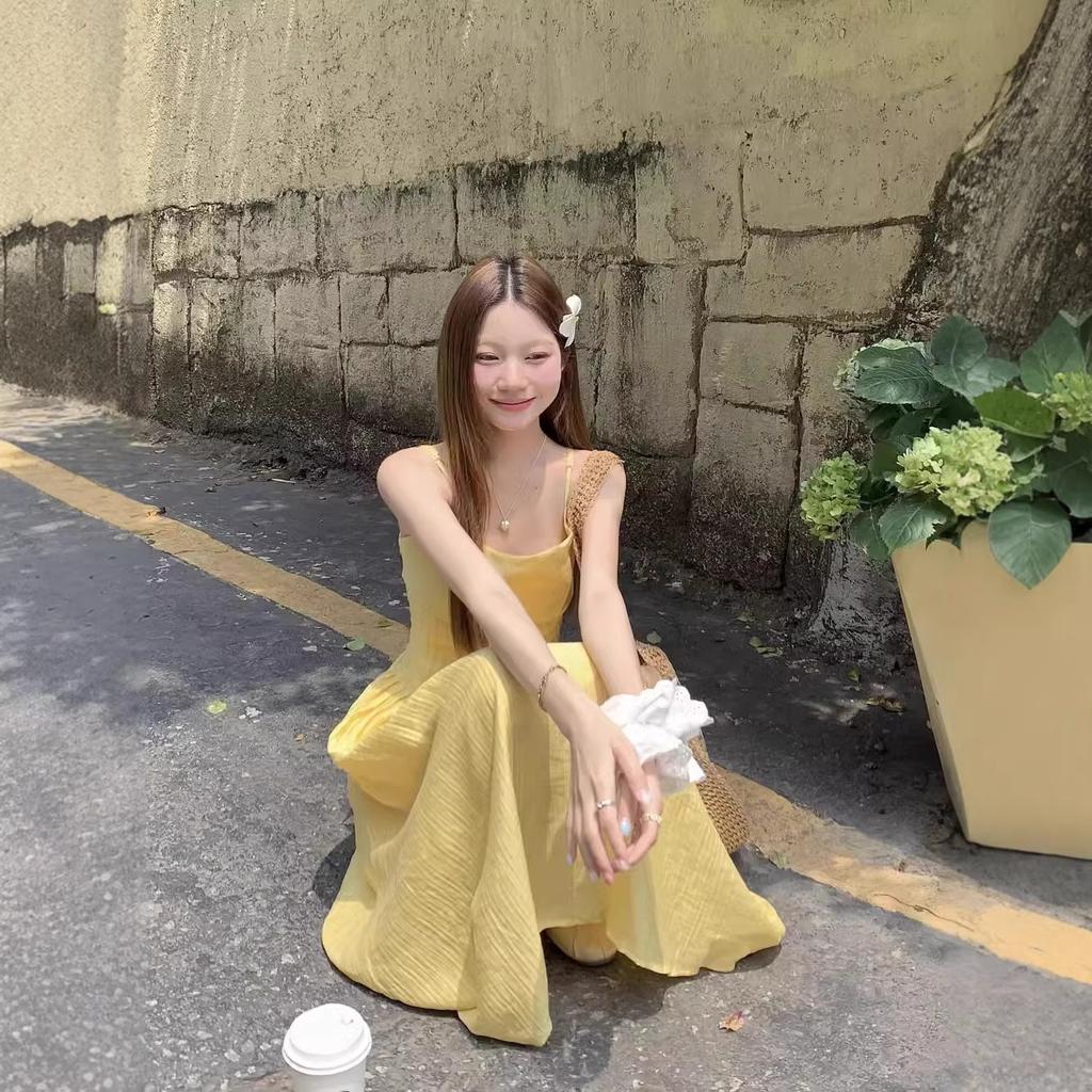 French Small Yellow Suspender Dress Women's Summer New Waist Temperament Long Dress Seaside Vacation Skirt