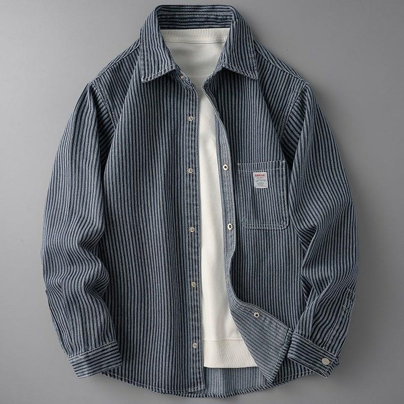 

Men s Japanese Trendy Long Sleeve Striped Denim Shirt - Spring/Autumn Casual Loose Fit American Style Jacket XL синий