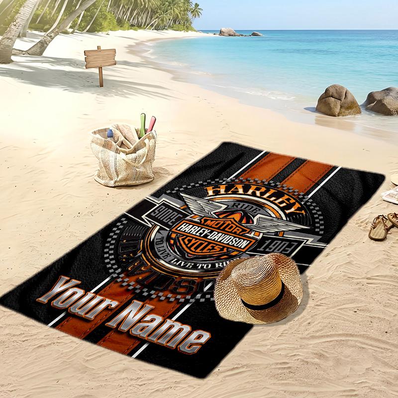 Asciugamano da Spiaggia Personalizzato Harley-Davidson, Stampa il Tuo Nome Testo Asciugamano Leggero Assorbente per Nuoto Viaggio