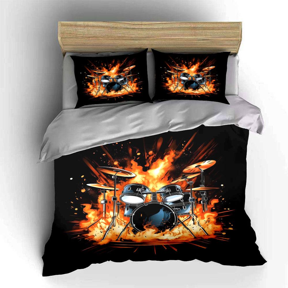 Drum Set Surrounded by Flames Print Bedding Set 1 Duvet Cover 2 Pillowcases for Adult and Children Luxury Gift Full Size