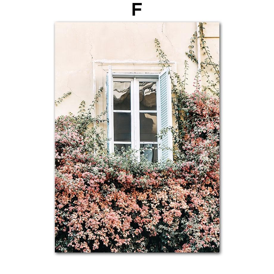 Retro Town Flower Street View Car Moto Bike Windowsill WallPosters Art Canvas Painting  And Prints Picture For Living Room Decor