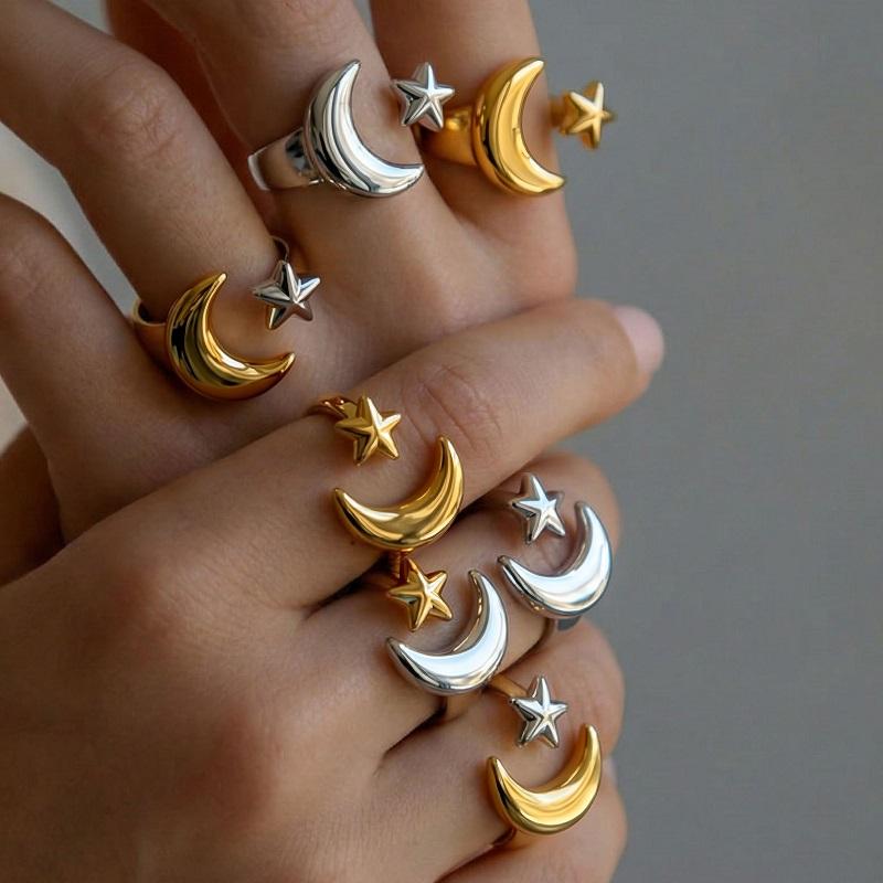 Stainless Steel Gold Color Star Moon Open Rings For Women Minimalist Metal Two Tone Adjustable Finger Ring Jewelry Party Gift
