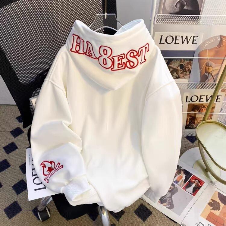 American High Street Flame Letter Embroidered Hooded Sweater Men's and Women's Autumn and Winter Tide Brand Loose Couple Pullover Jacket Top