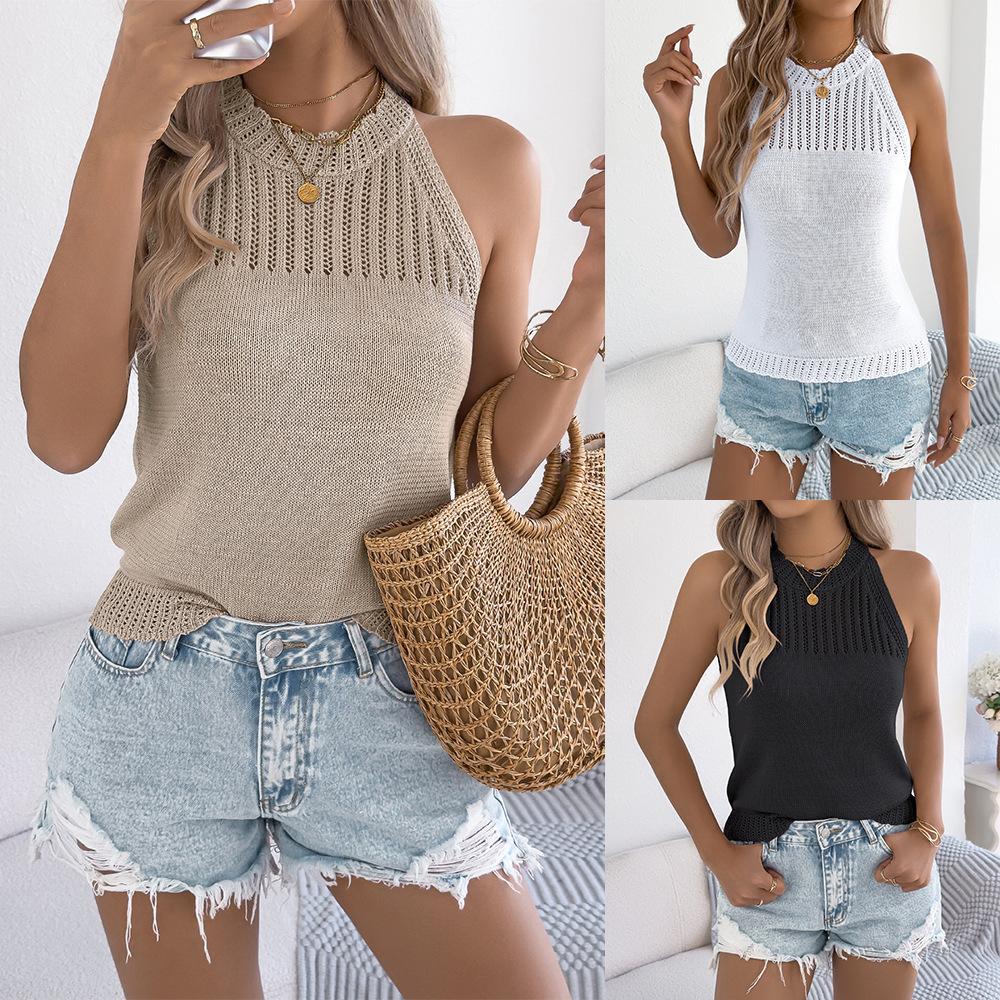 Women's Spring Summer Holiday Casual Solid Colour Hollow Out Sleeveless Knitwear