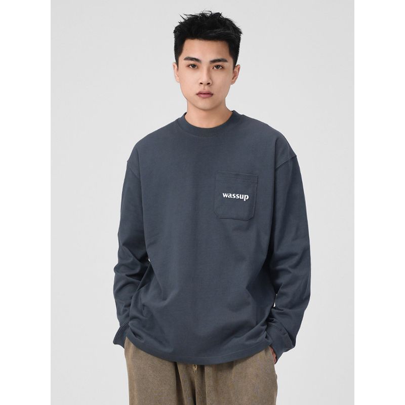 Wassup American Retro Letter Cotton Long-Sleeve T-Shirt for Men and Women, Simple and Versatile Solid Color Couple's Base Shirt Top