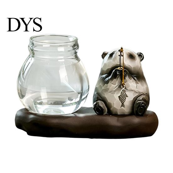 Modern Desktop Plant Holder Leisure Fishing Frog/Cat/Panda/Bear Statue Ornaments, Clear Mini Vases Miniature Cute Animal Ornaments Figurines