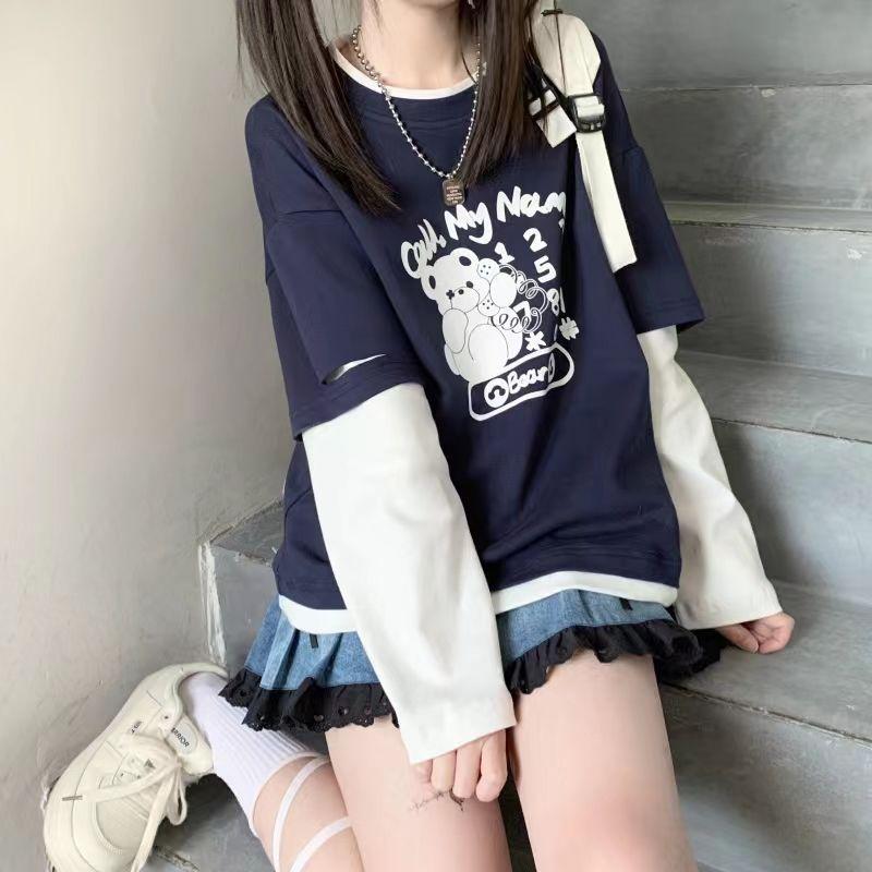 Autumn Teen Girls Harajuku Cartoon Bear Print Fake 2 Pieces T-shirt Patchwork Long Sleeve Y2K T-Shirt Women Sweet Clothes