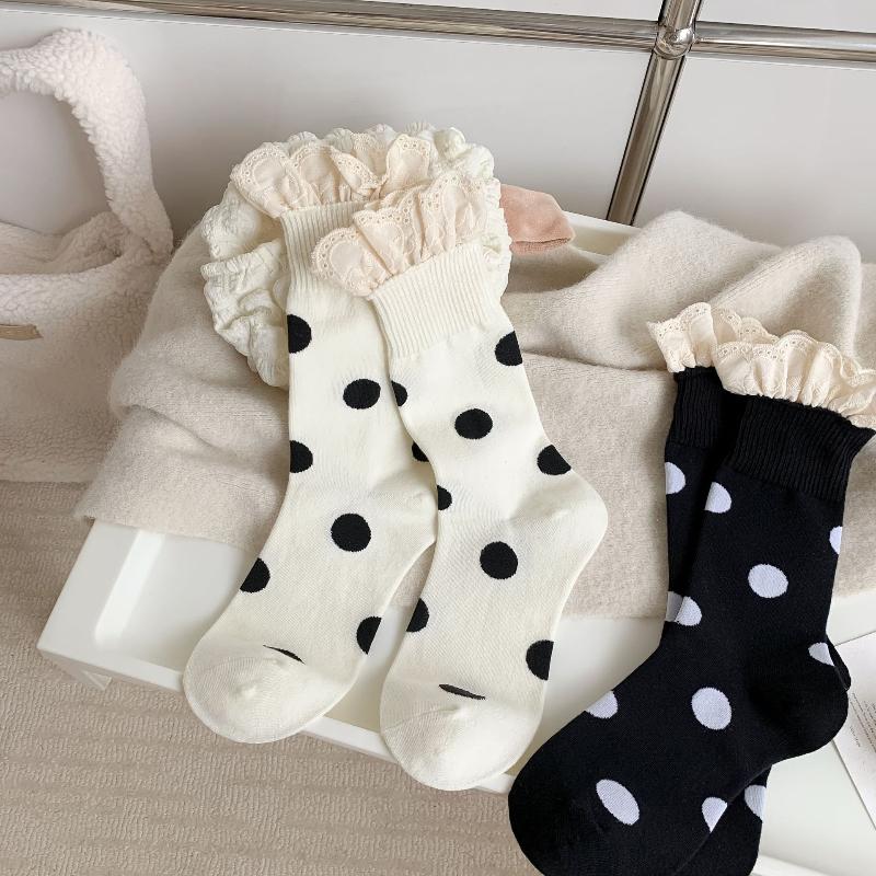 1 Paio Calzini Lolita con Volant di Pizzo da Donna Pois Retro Streetwear Calzini a Tubo Medio Moda Ragazze Dolci Kawaii Carini Calzini Lunghi