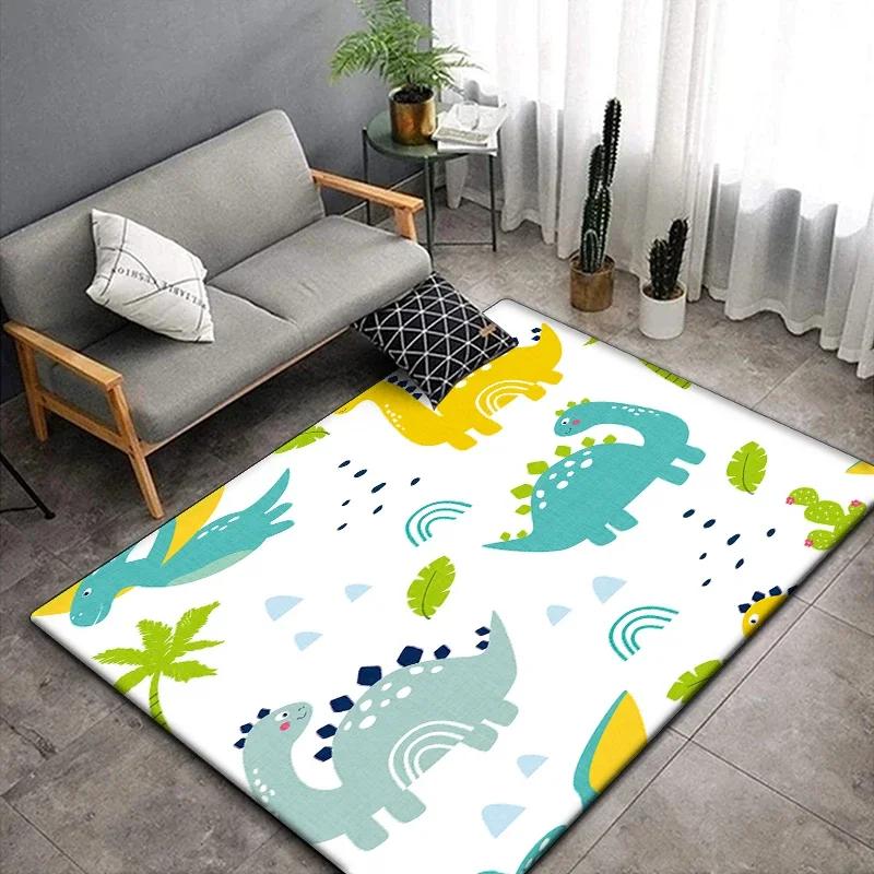 1 pieza Alfombra linda con estampado de dinosaurio de dibujos animados para sala de estar, dormitorio, alfombra para gatear para niños resistente a las arrugas, alfombra de suelo antideslizante