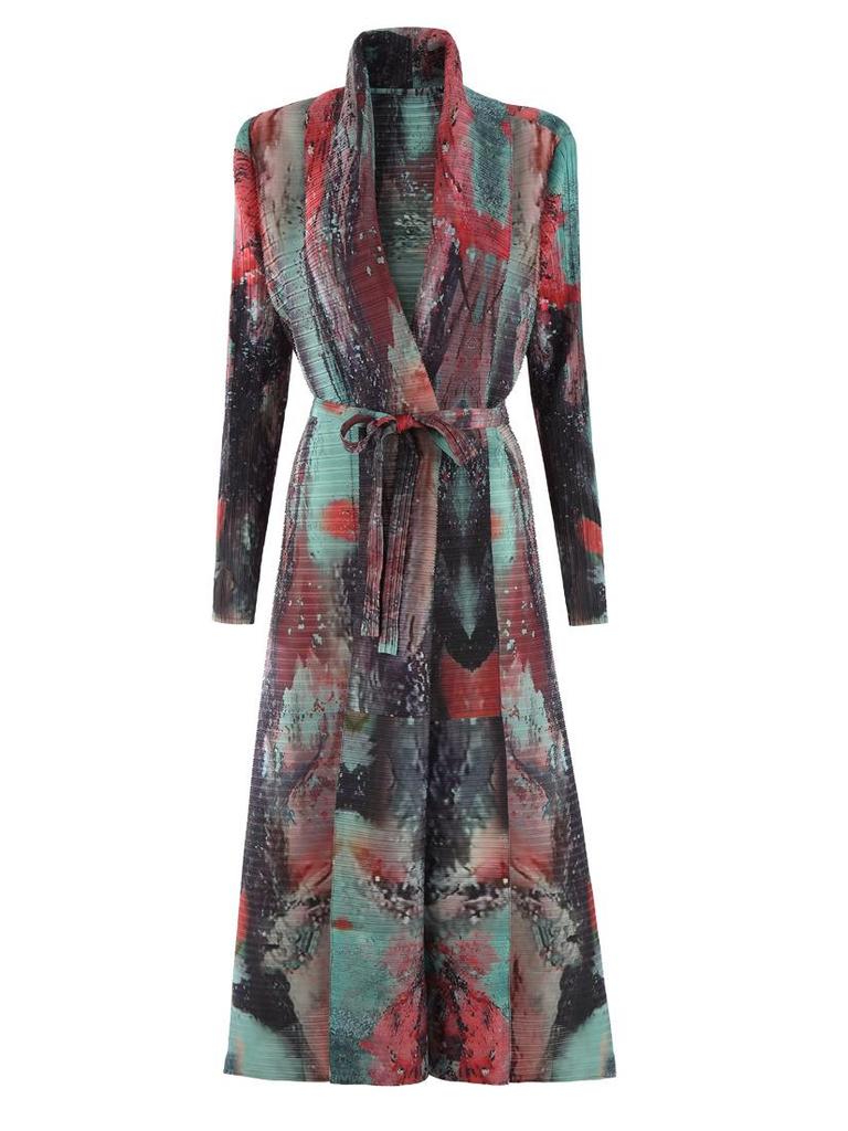 Pleated Printed Long Trench Coat for Women - 2025 Spring Lapel Loose Fit Plus Size Long Sleeve Robe