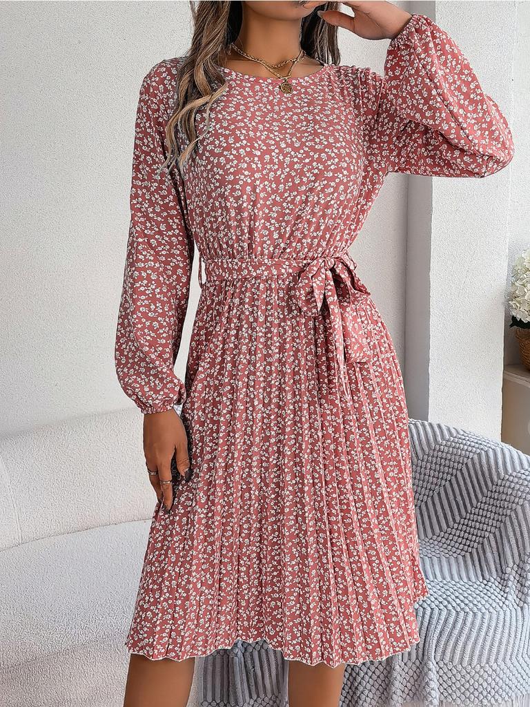 Ins Leisure Long Sleeved Floral Pleated Skirt Plus Size Dresses for Women Red Dresses for Women Elegant