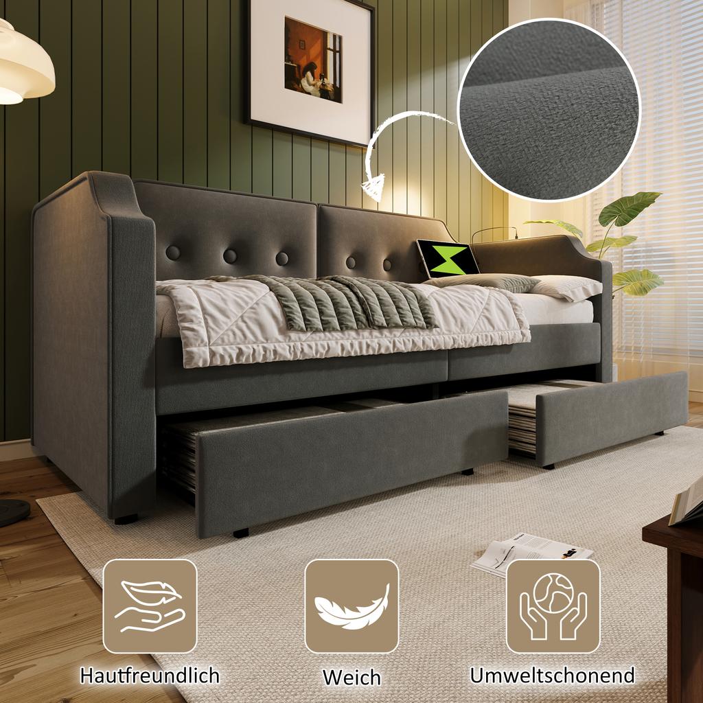 Divano Letto 90x200 cm con Luce di Lettura USB Type-C, Day Bed con 2 Cassetti Contenitori, Struttura Letto con Rete a Doghe in Legno, Velluto, Grigio (Senza materasso)