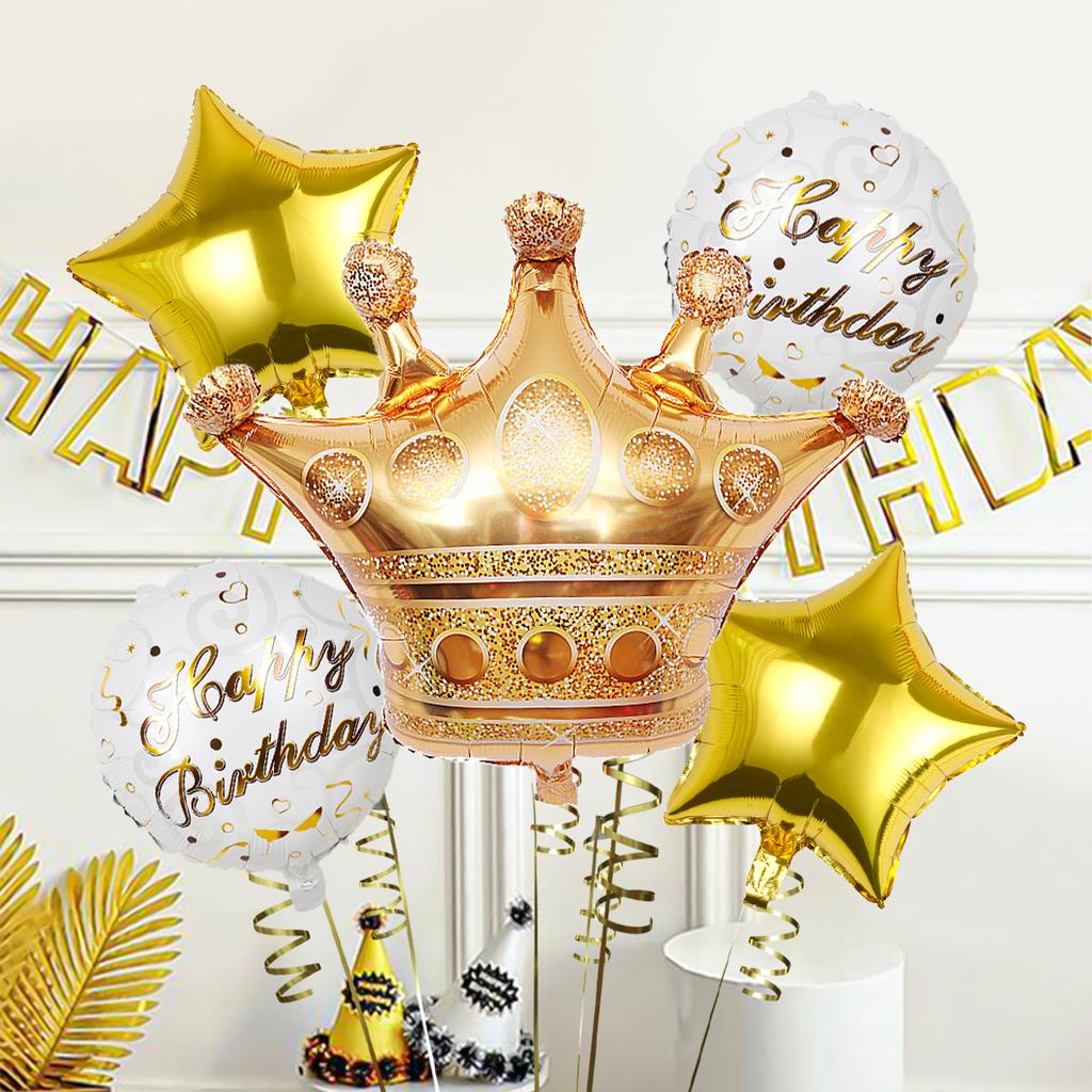 5pcs Crown Theme PE Decorative Balloon Set, Crown Shape Balloon, Happy Birthday Aluminum Foil Balloon Party Supplies