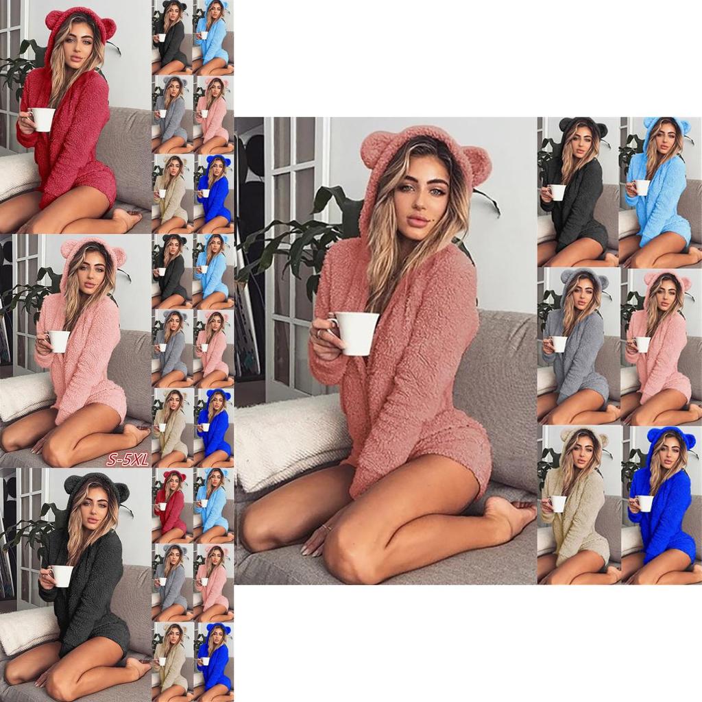 Cozy Women's Fluffy Faux Fleece Hooded Shorts Romper Pajamas Nightwear Set
