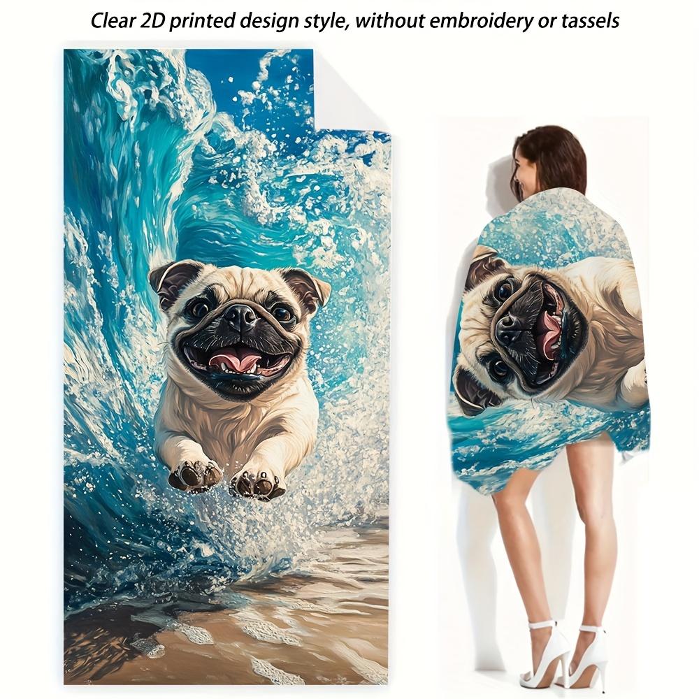 1PC Surfing Pug Dog Wave Print Beach Towel Quick Dry Sand Proof Large Bath Towel for Swimming at the Beach Fun And Practical