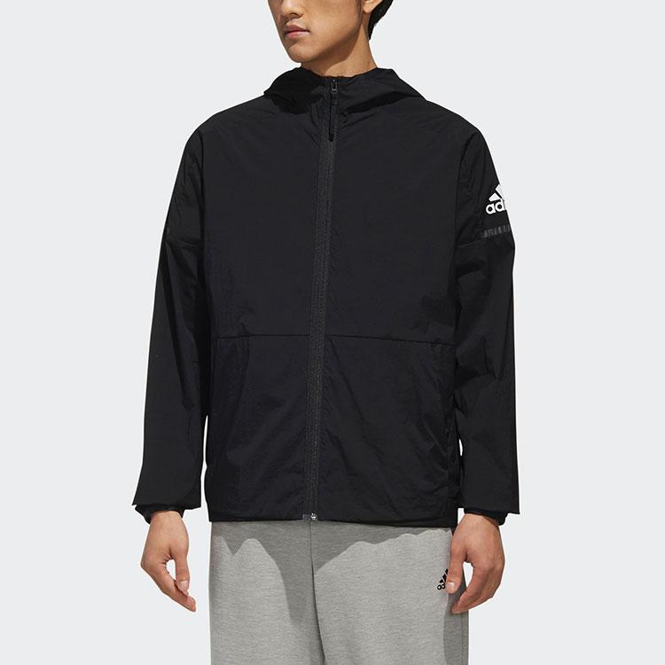 Adidas Lightweight Woven Windbreaker Jacket With Hood And Logo Men Outerwear Black FI8759
