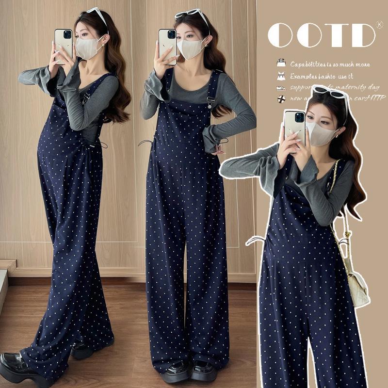 Korean Style Maternity Knit Base Layer & Polka Dot Suspender Pants Set M (suggested for 90-110 jin)