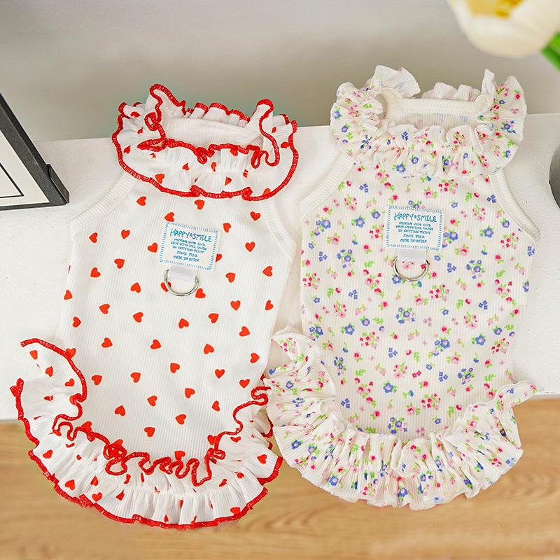 Sommer Haustier Hund und Katze Bekleidungszubehör, florales Prinzessinnenkleid, dünner Stil mit transparenten und gerollten Kanten