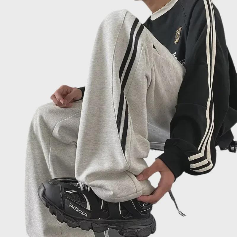 Men's Gray Casual Straight-Leg Sweatpants - Autumn/Winter Trendy Loose Fit with Drape and Plush Lining