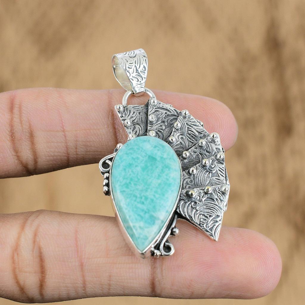 Wedding Gift For Her 925 Sterling Silver Natural Amazonite Gemstone Pendant