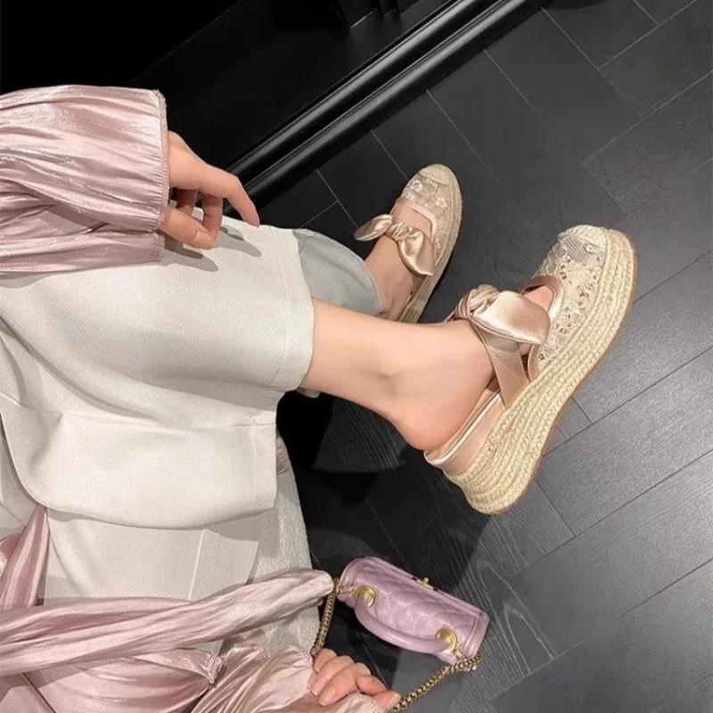 Fashion Sequin Cloth Wrapped Slippers Summer New Round Toe Shallow Mouth Bow Straw Sole Platform Non-Slip Kitten Heels