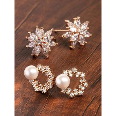 Combo of 2 Rose Gold Cubic Zirconia Brass Stud Earrings For Women
