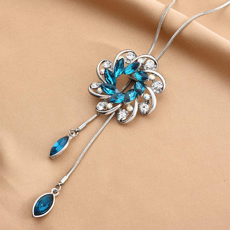 

Elegant Adjustable Long Chain Necklace With Floral Design And Crystal Accents For Men And Women Lake Blue