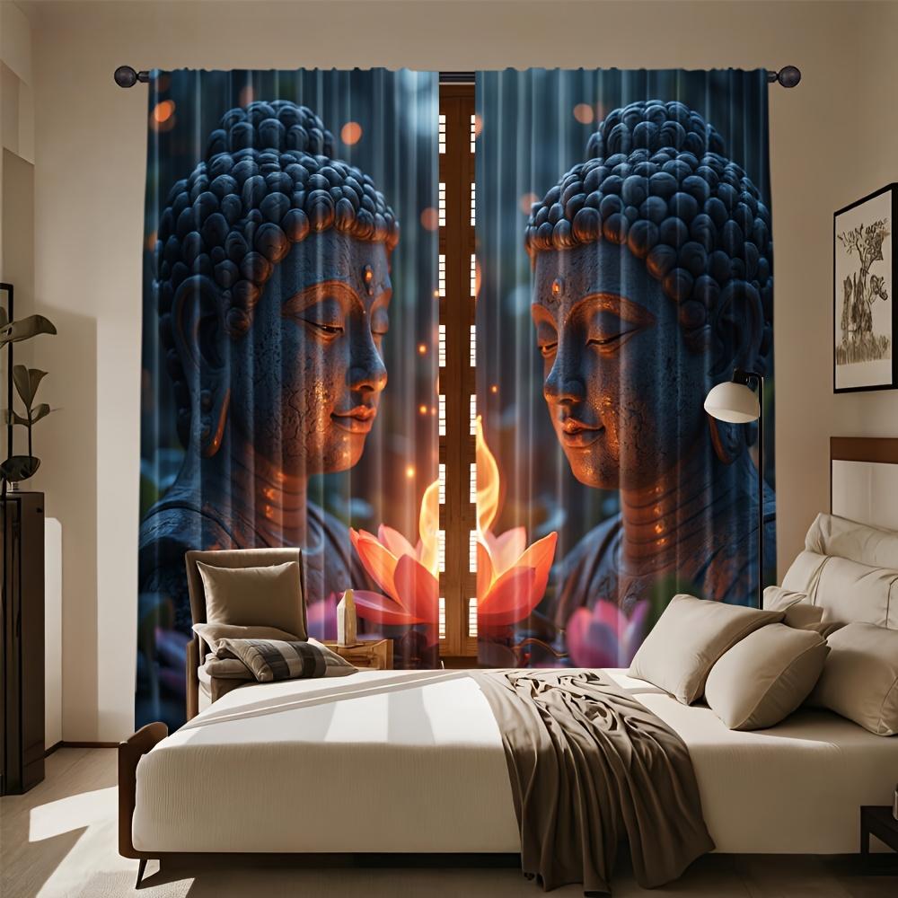 2Pcs Polyester Buddha Inspired Versatile Printing Window Curtains Birthday Party Decoration Backdrop Drapes for Living Room