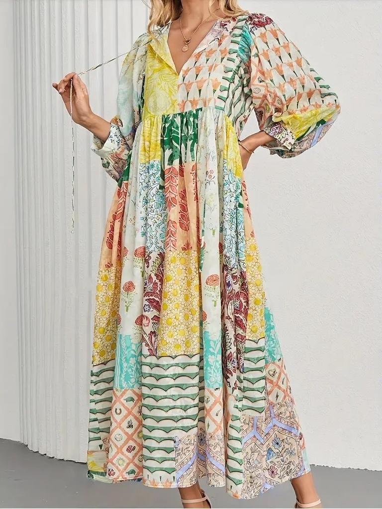 European and American explosive bohemian lantern sleeves fashion printing big pendulum long dress