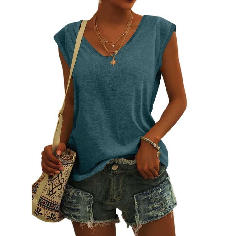 Women Fashion Casual V Neck Loose T-Shirt Solid Color Short Sleeve Top