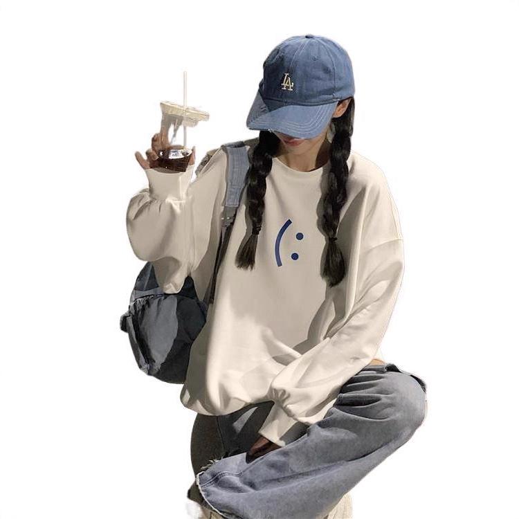 Spring 2025 Girls' Cotton Crew Neck Fleece Sweatshirt, Big Kids, Middle & High School, Loose Fit, Long-Sleeved, No Hood