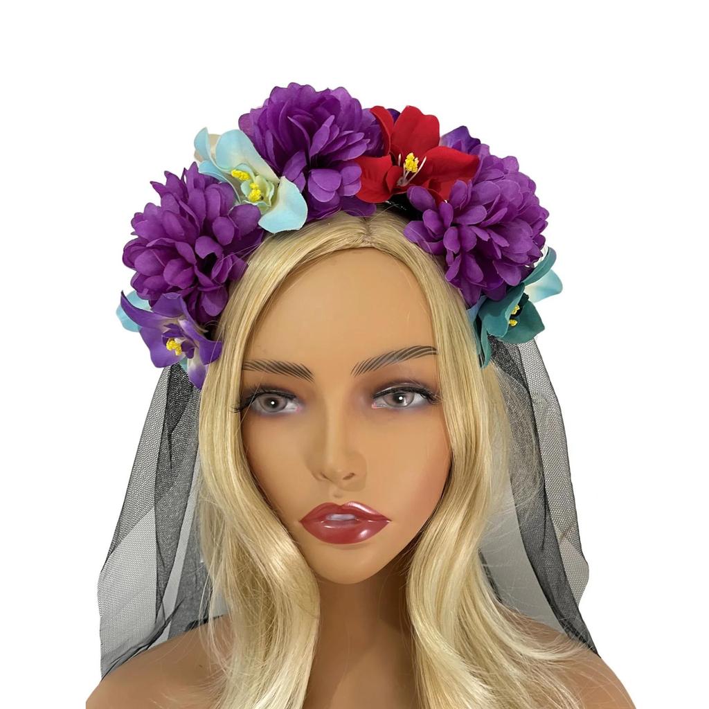 2024 Halloween Simulation Colorful Peony Flower Headband Fairy Butterfly Mexican Wreath Crown Cosplay Party Costume Day Dead