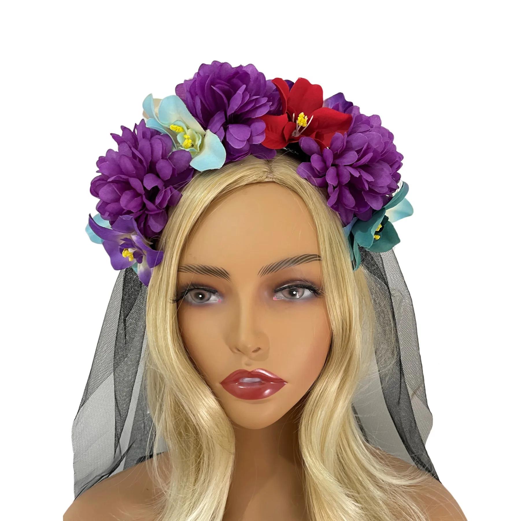 

Хэллоуин 2024 Симуляция Красочный Пион Повязка на голову Фея Бабочка Мексиканский Венок Корона Косплей Вечеринка Костюм День Мертвых C