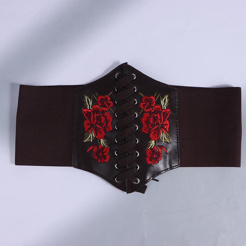 Women'S Corset Belt Gothic Fashion Pu Flower Embroidery Cummerbunds Female Slimming Waist Band Vintage Black Wide Belt For Girl