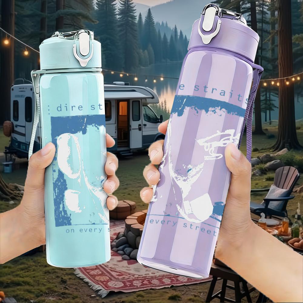 1PC Light blue rectangular band album print 750ml colorful plastic sports water bottle leakproof pop up lid with straw for outdoor work home use