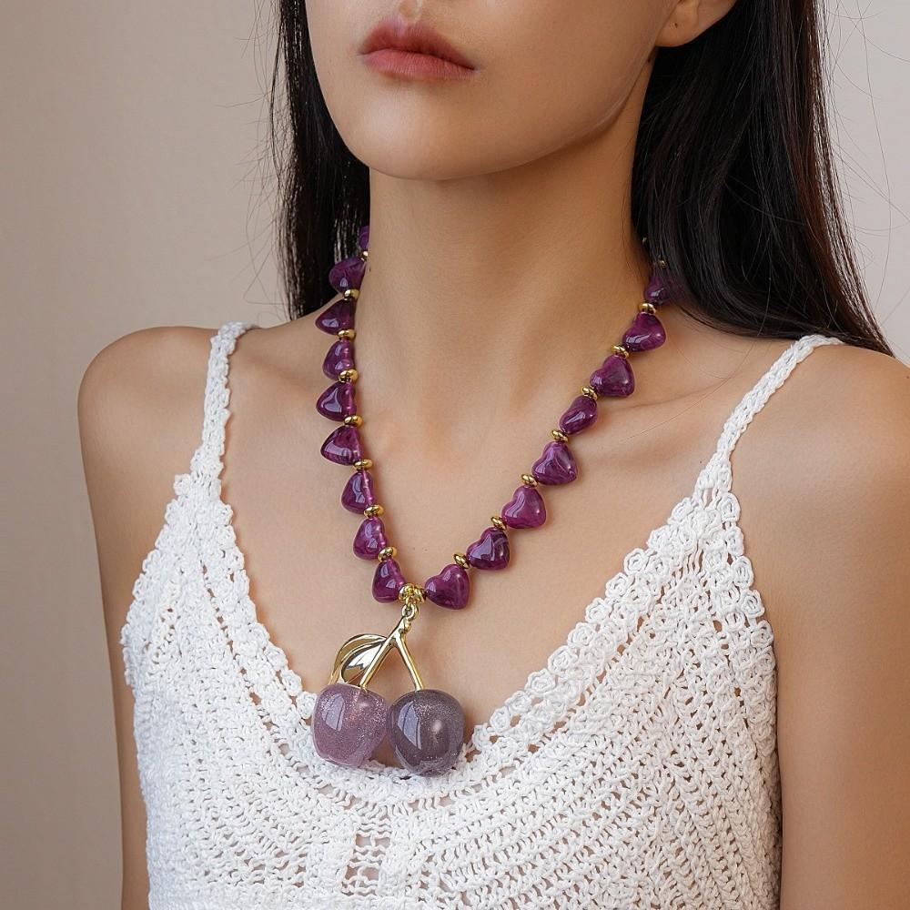 Love Heart Beadeds Women Cherry Necklace Acrylic Bohemia Choker Cherry Pendant  Vacation