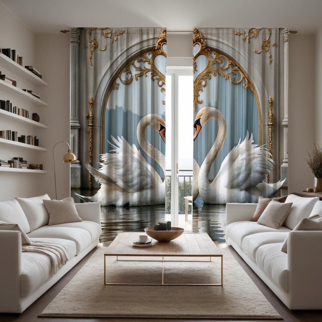 2 pieces HD digital gray light luxury European warm swan curtain home decoration style decoration living room bedroom rod curtai